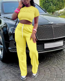 Women Letter Printing Casual Short Sleeve Loose Pants Sets Two Pieces Outfit Rose Yellow Blue S-XL