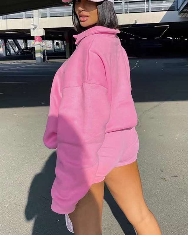 Women Lapel Sports Embroidered LOGO Long Sleeve Short Sets Two Pieces Outfit Pink Blue S-XL