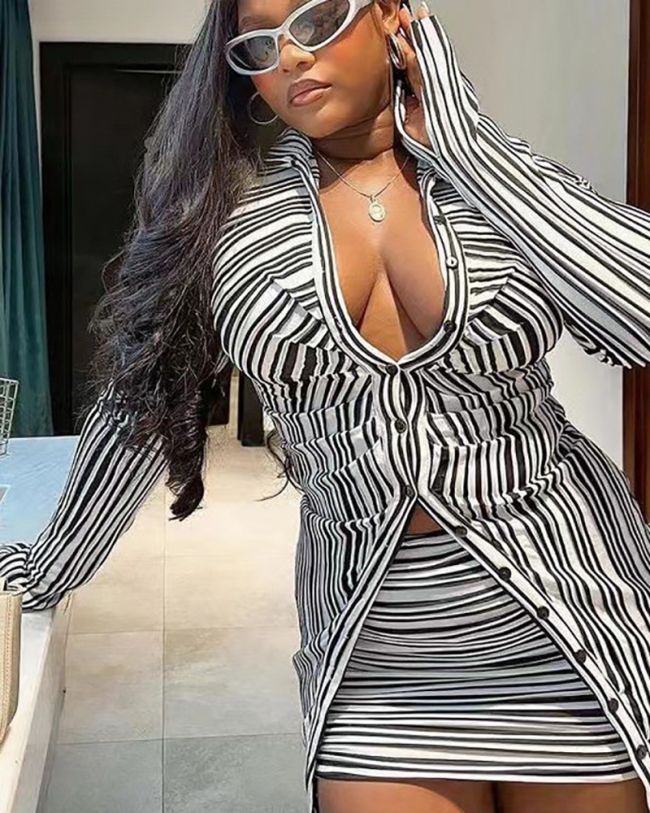 Women Long Sleeve Lapel Striped Deep V Neck Sexy Skirt Sets Two Pieces Outfit Black S-XL