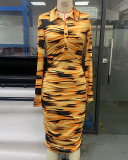 Women Long Sleeve Printed Ruched Lapel Sexy Bodycon Casual Midi Dresses Rosy Blue Green Orange S-XL