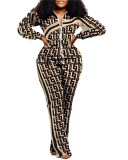 Hot Sale Women Long Sleeve Zipper Coat Patchwork Leopard Camo Printed Pants Sets Two Pieces Outfit S-3XL