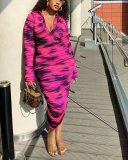 Women Long Sleeve Printed Ruched Lapel Sexy Bodycon Casual Midi Dresses Rosy Blue Green Orange S-XL