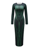 New Long Sleeve 3D Body Printed Bodycon Maxi Dresses Black S-XL