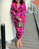 Women Long Sleeve Printed Ruched Lapel Sexy Bodycon Casual Midi Dresses Rosy Blue Green Orange S-XL