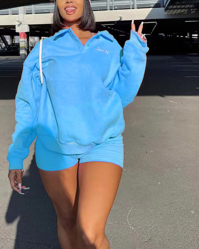 Women Lapel Sports Embroidered LOGO Long Sleeve Short Sets Two Pieces Outfit Pink Blue S-XL