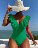 Deep V-neck Women Ruffle Hot One Piece Swimsuit S-XL