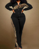 Hot Sale Women Long Sleeve Zipper Coat Patchwork Leopard Camo Printed Pants Sets Two Pieces Outfit S-3XL