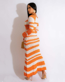 Woman Knit Barbie Pink Square Neck Long Sleeve Striped Maxi Casual Dresses Rosy Orange S-XL