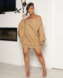 Women Bat-sleeve Off Shoulder Solid Color Mini Party Dresses Lantern Dress Green Rosy Purple Khaki S-2XL