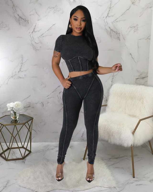 Short Sleeve Women Solid Color Fashion Two Piece Pant Set S-XXL