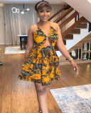 Yellow Sleeveless Women Printed Vacation Dress S-XL