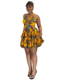 Yellow Sleeveless Women Printed Vacation Dress S-XL