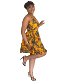 Yellow Sleeveless Women Printed Vacation Dress S-XL