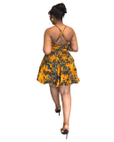 Yellow Sleeveless Women Printed Vacation Dress S-XL