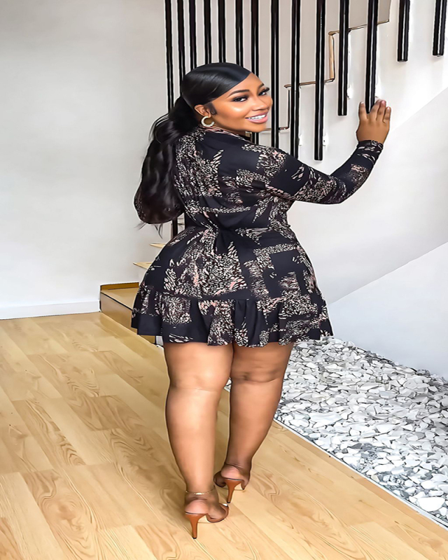 Black Printed Ruffle Women Fashion Dress S-XL