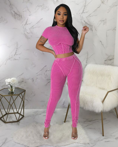 Short Sleeve Women Solid Color Fashion Two Piece Pant Set S-XXL