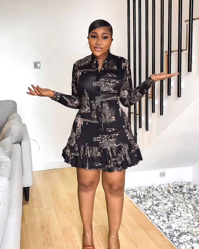 Black Printed Ruffle Women Fashion Dress S-XL