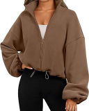Women Long Sleeve Solid Color Stand Neck Sports Coat S-2XL