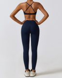 Solid Color Back Criss Bra Slim High Waist Pants Sets Yoga Two-piece Sets S-XL
