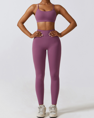 Solid Color Back Criss Bra Slim High Waist Pants Sets Yoga Two-piece Sets S-XL