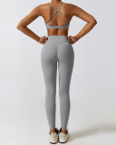 Solid Color Back Criss Bra Slim High Waist Pants Sets Yoga Two-piece Sets S-XL