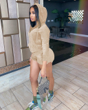 Women Solid Color Hoodies Long Sleeve Coat Sexy Velvet Short Sets Two Pieces Outfit S-2XL
