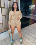 Women Solid Color Hoodies Long Sleeve Coat Sexy Velvet Short Sets Two Pieces Outfit S-2XL