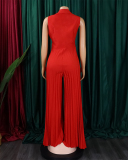 Women Hot Sale Summer Fashion V Neck Sleeveless Lapel Solid Color Wide Leg Jumpsuit Khaki Red Yellow Blue S-3XL