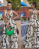 Sexy Printed Women Slim High Waist Wide Leg Strappy Shoulder Jumpsuits Light Khaki S-2XL