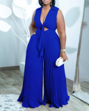 Women Hot Sale Summer Fashion V Neck Sleeveless Lapel Solid Color Wide Leg Jumpsuit Khaki Red Yellow Blue S-3XL