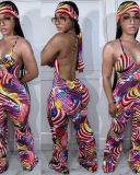 Hot Sale Summer New Sleeveless Printed Backless Flare Leg Jumpsuits Blue Purple S-2XL