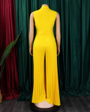 Women Hot Sale Summer Fashion V Neck Sleeveless Lapel Solid Color Wide Leg Jumpsuit Khaki Red Yellow Blue S-3XL