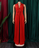 Women Hot Sale Summer Fashion V Neck Sleeveless Lapel Solid Color Wide Leg Jumpsuit Khaki Red Yellow Blue S-3XL