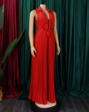 Women Hot Sale Summer Fashion V Neck Sleeveless Lapel Solid Color Wide Leg Jumpsuit Khaki Red Yellow Blue S-3XL