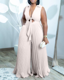 Women Hot Sale Summer Fashion V Neck Sleeveless Lapel Solid Color Wide Leg Jumpsuit Khaki Red Yellow Blue S-3XL