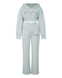 Woman Long Sleeve Hoodies Mini Top Printed Pants Sets Two Pieces Outfit Gray S-XL