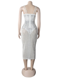 Woman Sling Rhinestone See Through Slim Party Dress White Red Black Apricot S-5XL