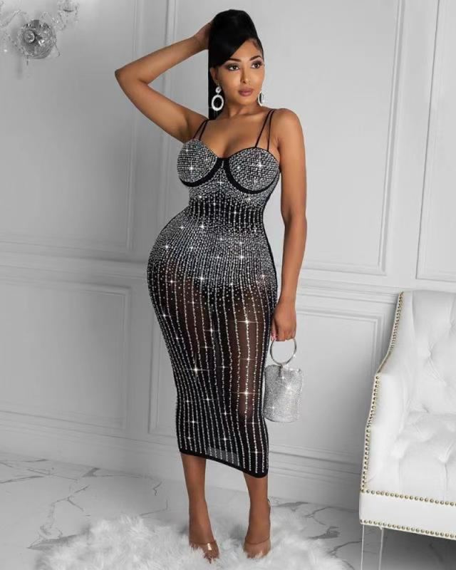 Woman Sling Rhinestone See Through Slim Party Dress White Red Black Apricot S-5XL