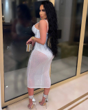 Woman Sling Rhinestone See Through Slim Party Dress White Red Black Apricot S-5XL