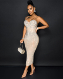 Woman Sling Rhinestone See Through Slim Party Dress White Red Black Apricot S-5XL
