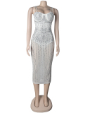 Woman Sling Rhinestone See Through Slim Party Dress White Red Black Apricot S-5XL