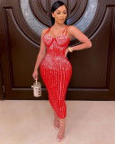 Woman Sling Rhinestone See Through Slim Party Dress White Red Black Apricot S-5XL