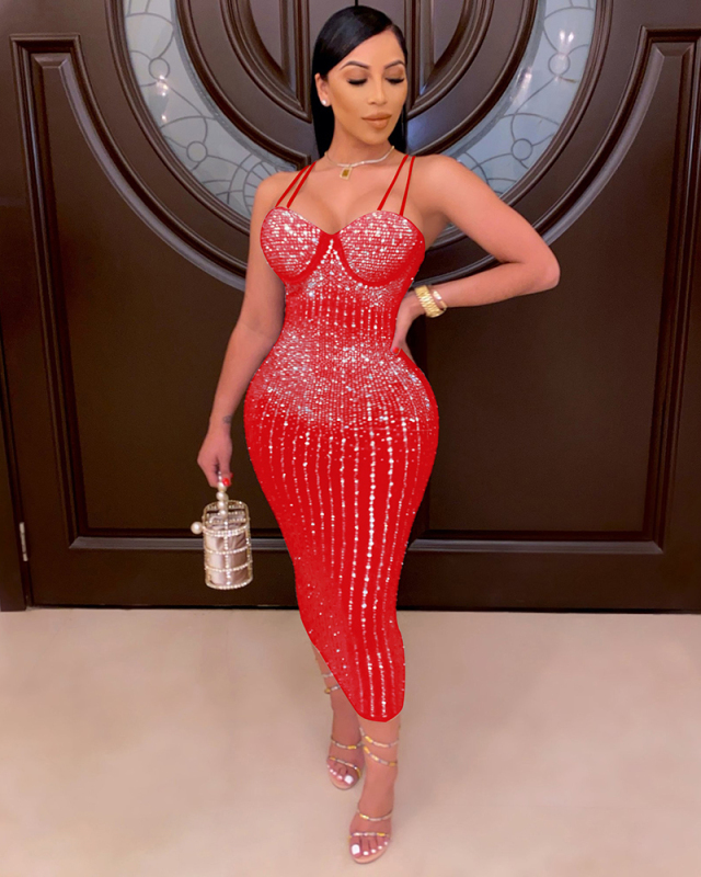 Woman Sling Rhinestone See Through Slim Party Dress White Red Black Apricot S-5XL