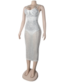 Woman Sling Rhinestone See Through Slim Party Dress White Red Black Apricot S-5XL