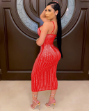 Woman Sling Rhinestone See Through Slim Party Dress White Red Black Apricot S-5XL