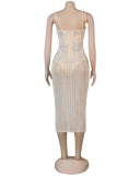 Woman Sling Rhinestone See Through Slim Party Dress White Red Black Apricot S-5XL