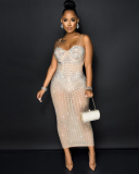 Woman Sling Rhinestone See Through Slim Party Dress White Red Black Apricot S-5XL