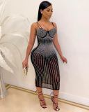 Woman Sling Rhinestone See Through Slim Party Dress White Red Black Apricot S-5XL