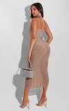Woman Sling Rhinestone See Through Slim Party Dress White Red Black Apricot S-5XL