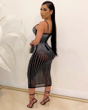Woman Sling Rhinestone See Through Slim Party Dress White Red Black Apricot S-5XL